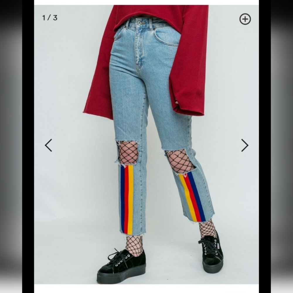 The Ragged Priest Denim Distressed High Rise Straight Jeans Rainbow Stripes 28 W
